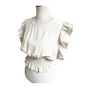 Cupcakes And Cashmere Linen Ruffled Smocked Cropped Blouse Size Medium